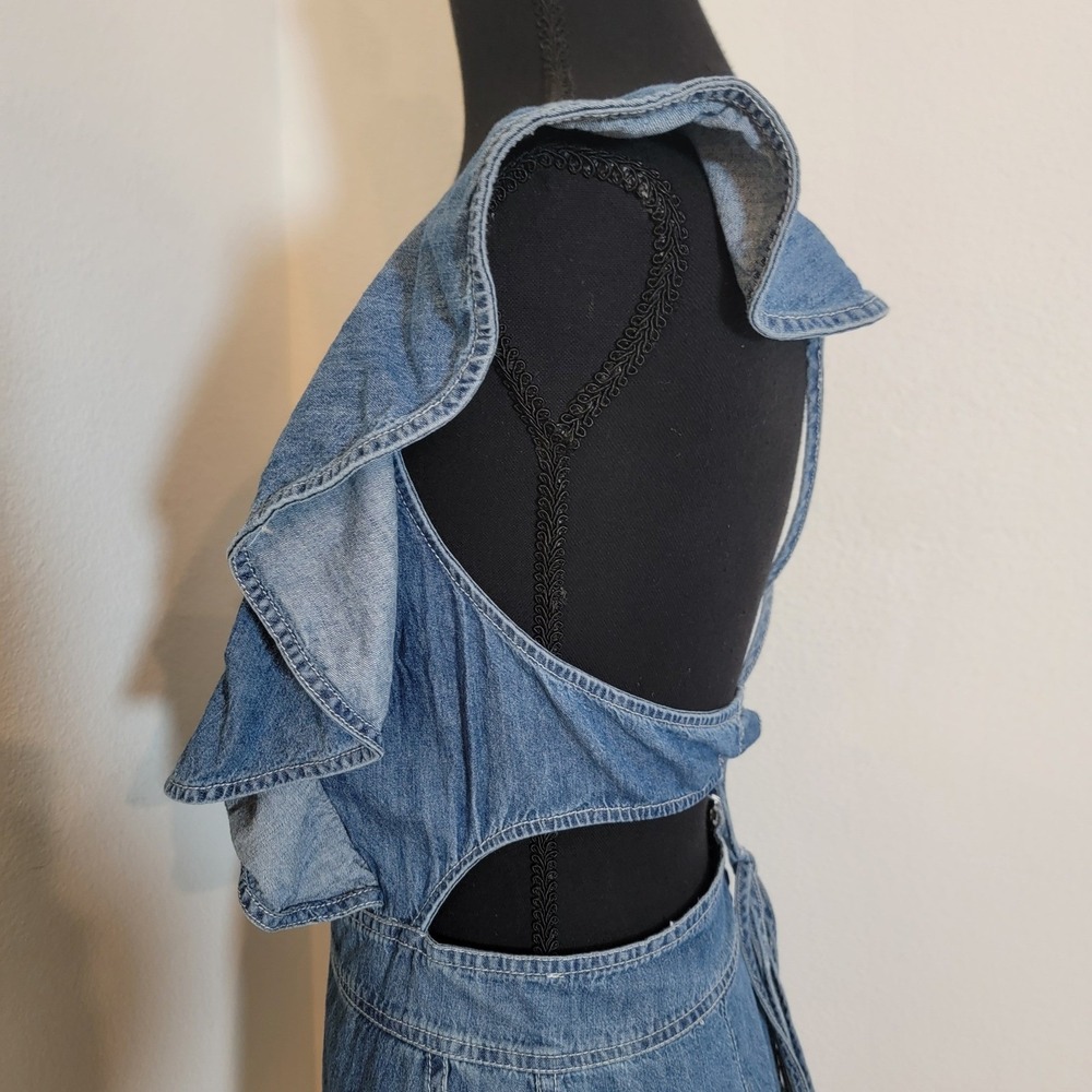 Blue Denim Ruffle Lace Up Back Cut Out Romper Small Wash Boho Festival - Picture 13 of 15
